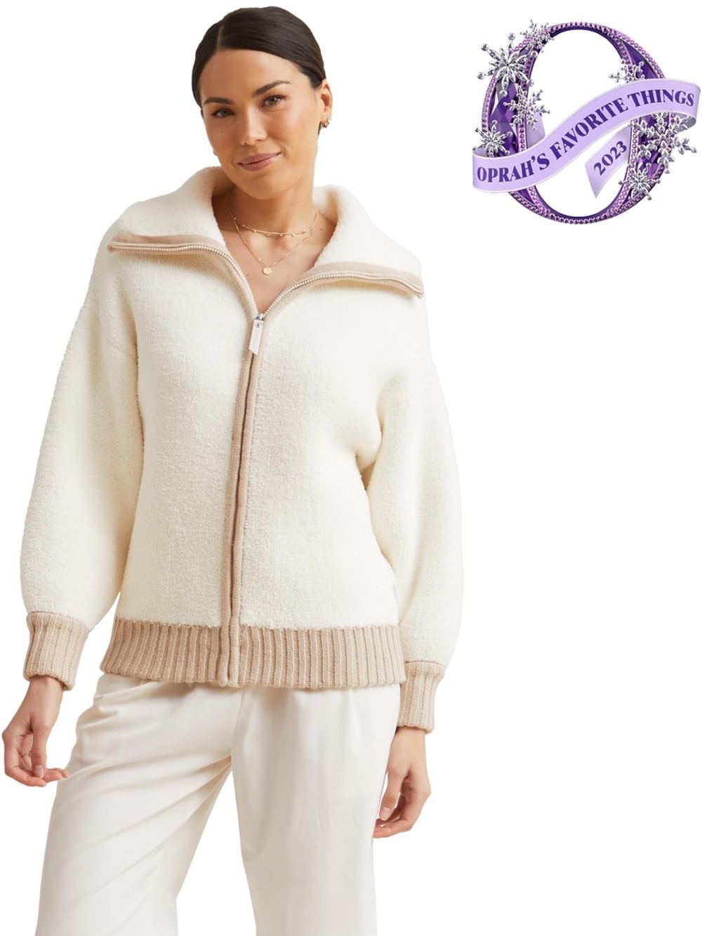 Kashwere Zip-Front Jacket Cream with Tan Trim New Size Medium